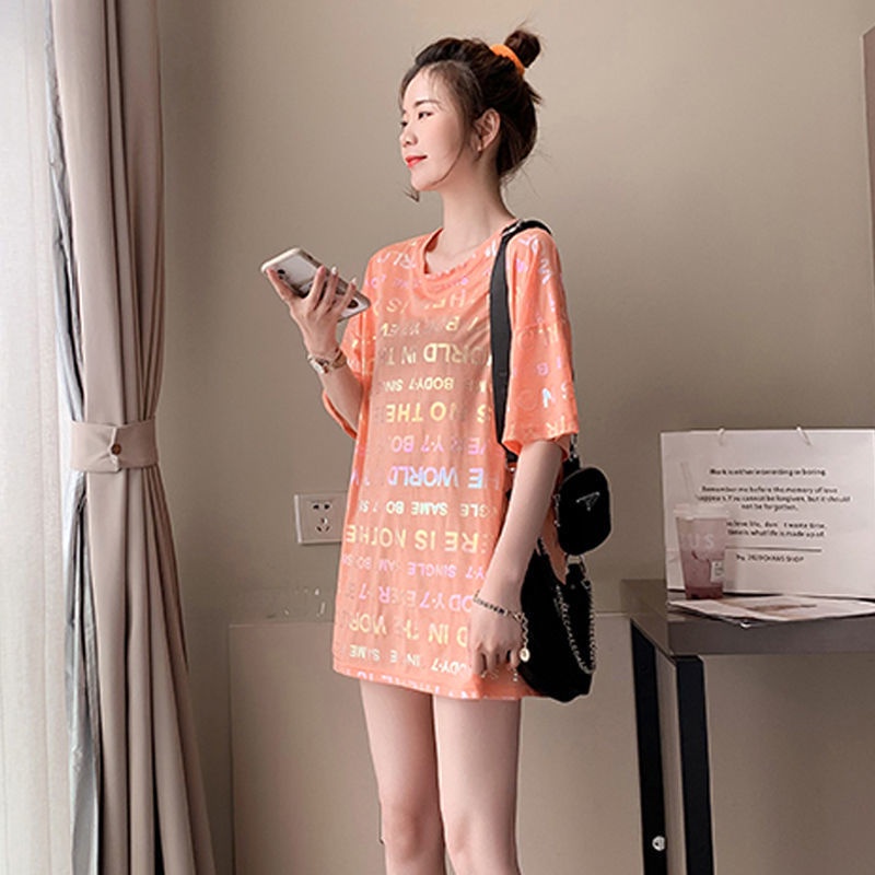 Áo Thun Tay Ngắn Dáng Rộng In Chữ Lấp Lánh Phong Cách Hàn Quốc Thời Trang Mùa Hè Cho Nữ