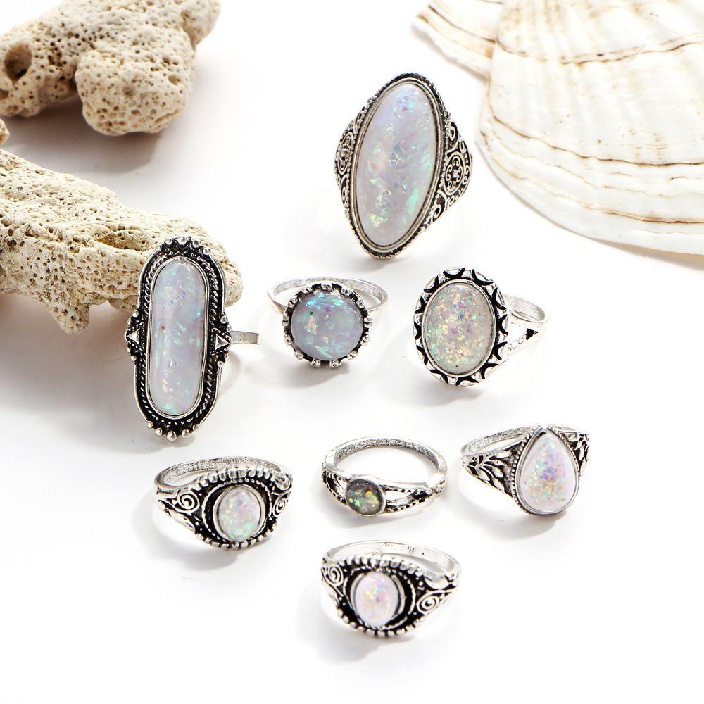 NIUYOU Set 8 Nhẫn Đốt Ngón Tay Điêu Khắc Đính Đá Opal Màu Sắc