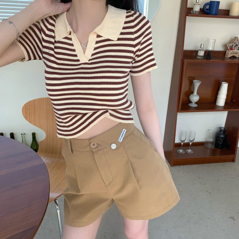 Áo thun IELGY dệt kim tay ngắn cổ polo họa tiết kẻ sọc phong cách Hàn Quốc thời trang cho nữ