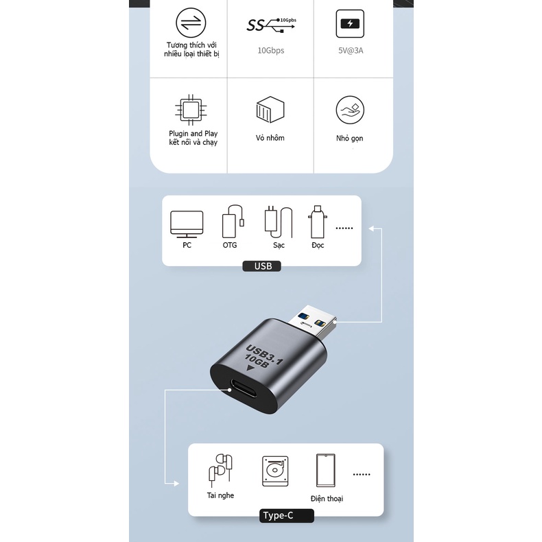 Đầu chuyển Usb 3.1 ra Type-c 10Gbps, 5v3a vỏ nhôm  - Hồ Phạm