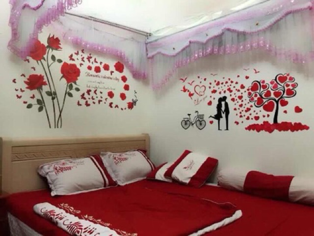 DECAL DÁN TƯỜNG HÌNH DÁN HOA HỒNG ĐỎ {kèm ảnh thật}
