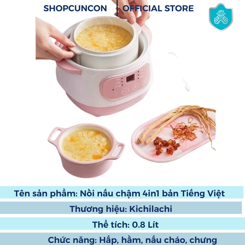 Nồi nấu cháo chậm cho bé ăn dặm Bear Nồi nấu chậm có lồng hấp Kichilachi 0,8l