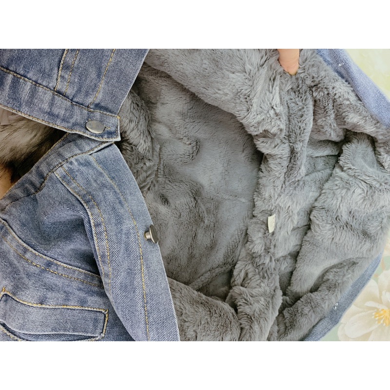Áo Khoác Jeans Lót Lông Cổ Lông Hàng Quảng Châu Cho Bé Gái