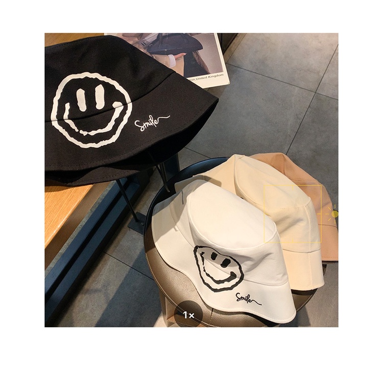 Nón Bucket Màu Đen In Họa Tiết Mặt Cười Phong Cách Nhật Bản Thời Trang Xuân Hè Độc Đáo Cho Nữ