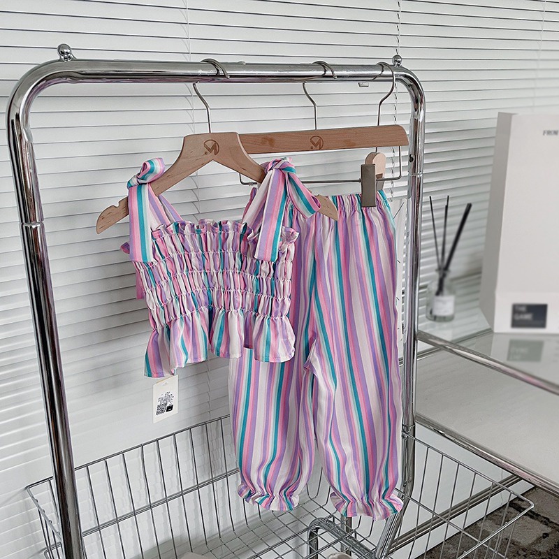 Bộ Áo Sát Nách Kẻ Sọc + Quần Dài Thời Trang Mùa Hè Cho Bé Gái Se7en