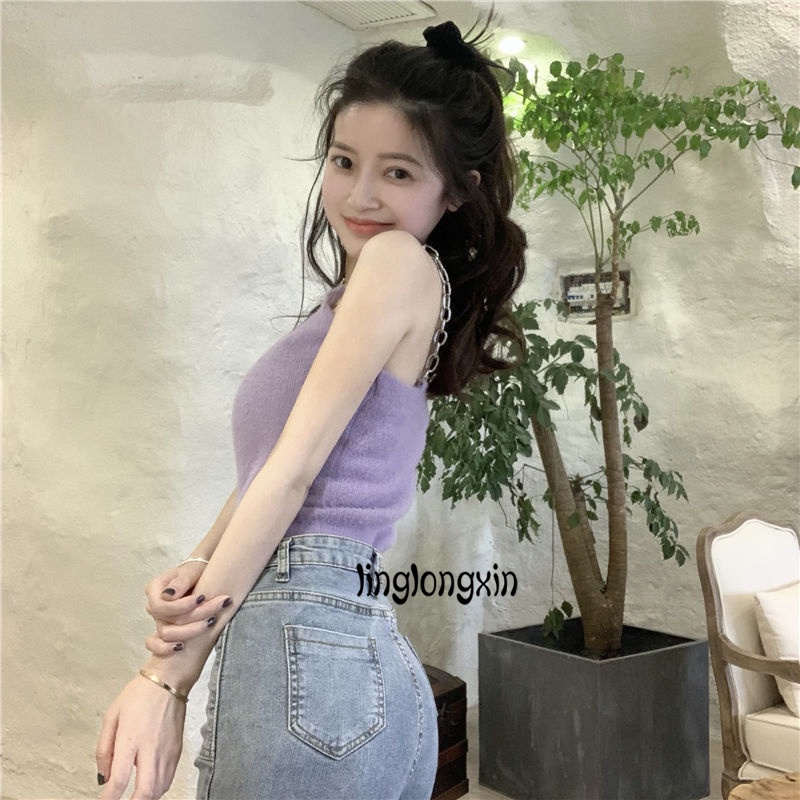 ✫Ki✭Áo Hai Dây Cổ Chữ U Màu Trơn Bằng Vải Lông Có Dây Xích Kim Loại Dành Cho Nữ