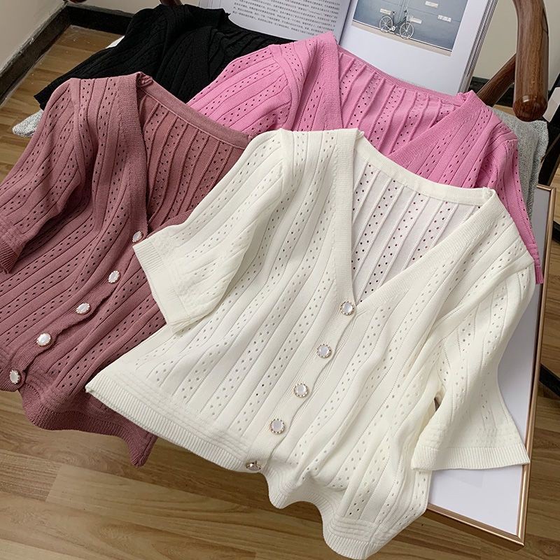 Áo khoác cardigan dệt kim mỏng dáng rộng cổ chữ V màu trơn phong cách mùa hè dành cho nữ