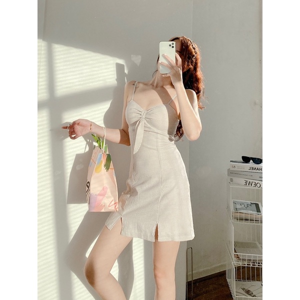 Váy 2 dây dáng chữ A thiết kế thắt nơ ngực tôn dáng 2 lớp có mút ngực MIEU - JJN13