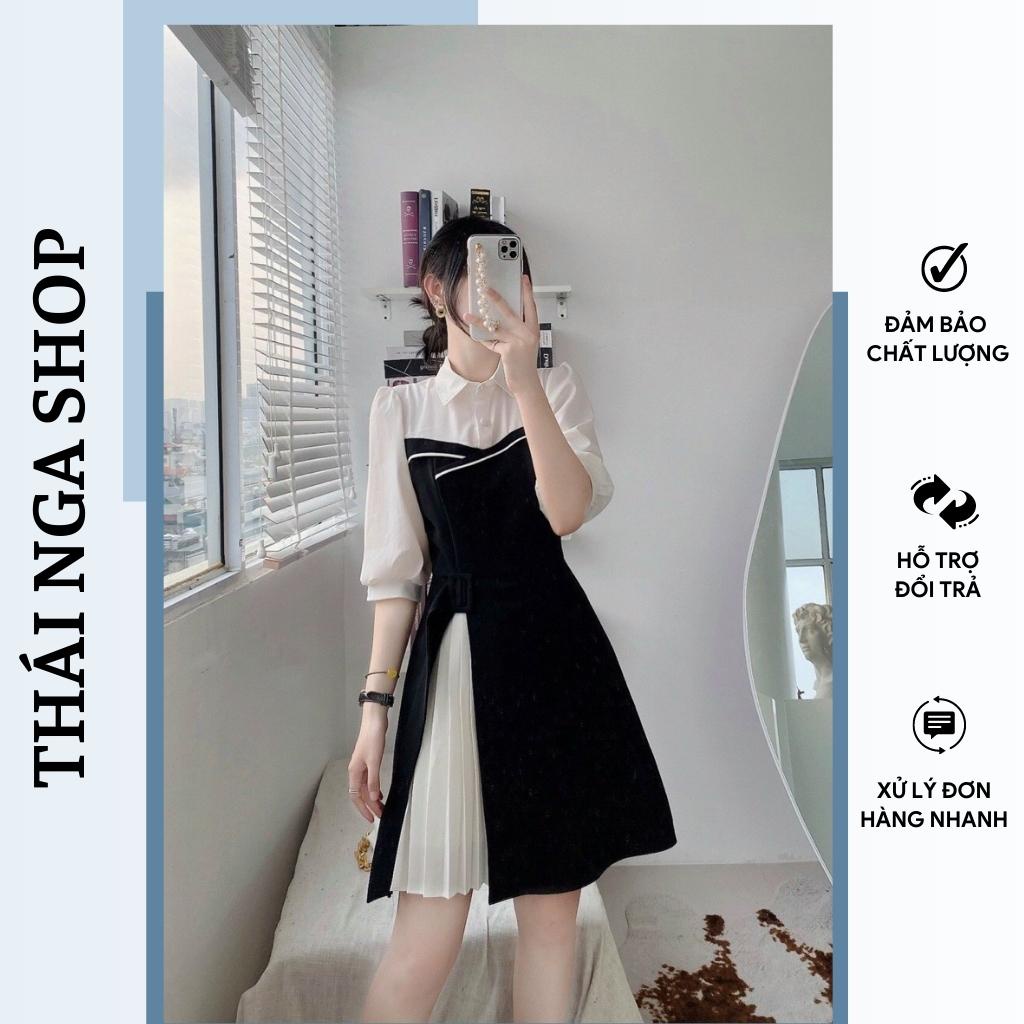 Đầm nữ cổ sơ mi phối trắng đen xếp ly tay lỡ mặc đi tiệc, mặc đi làm Thaingashop