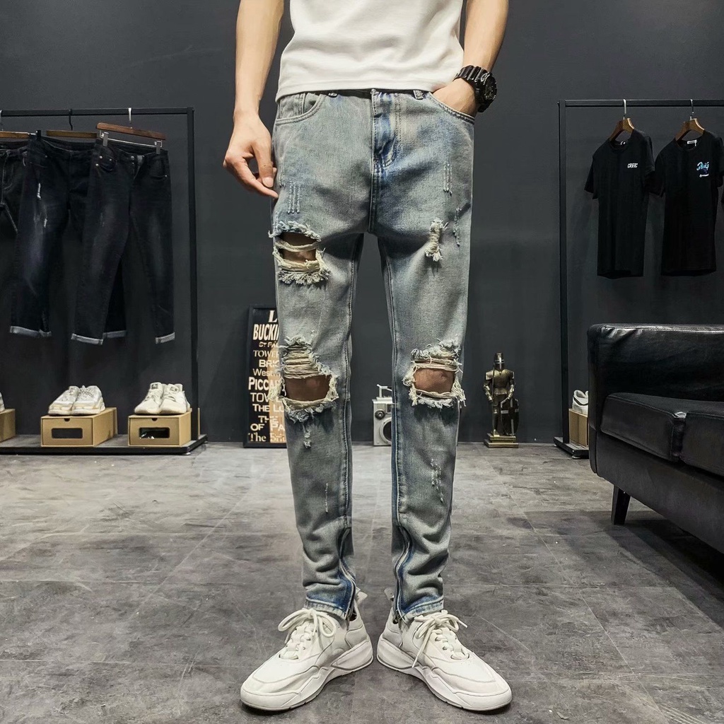Quần Jeans Dài Phối Vết Rách Cá Tính Thời Trang Nam