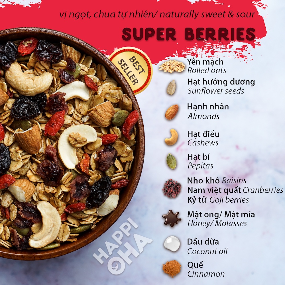 Granola siêu Hạt &amp; Quả Happi Oha, Ngũ cốc giảm cân không đường