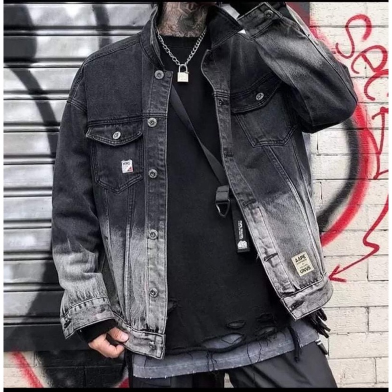 Áo khoác jeans nam đen xám phối 2 màu thêu chữ sumisu shop