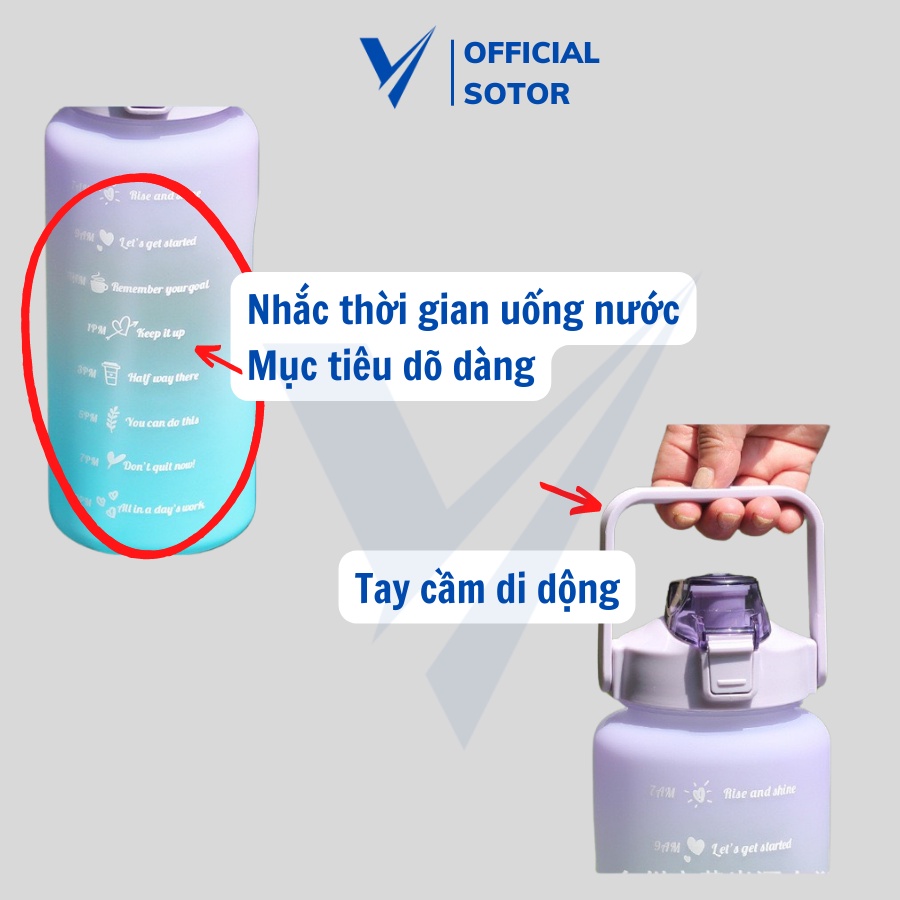 Bình nước 2 lít chia vạch nhắc thời gian uống nước kèm sticker cute