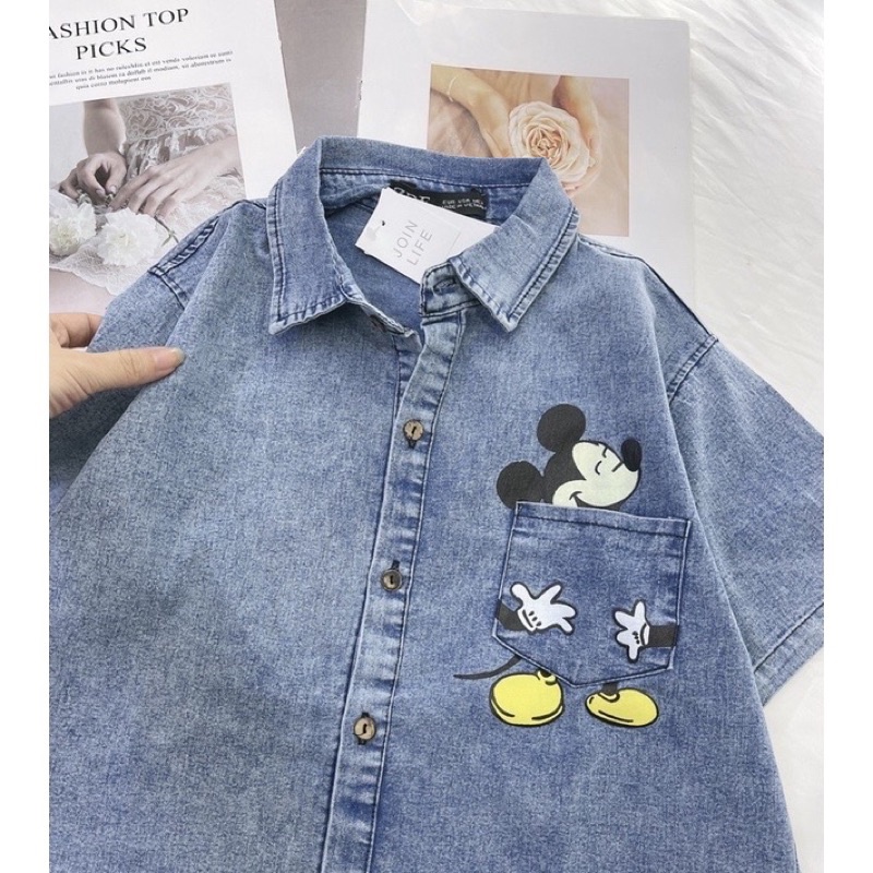 Áo Sơ Mi Jean Bò In Mickey (FREESHIP) Áo Somi Form Rộng Dành Cho Nữ - áo bò nữ