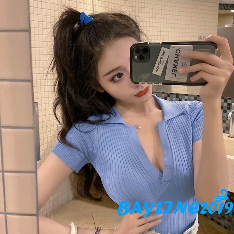 Áo croptop dệt kim tay ngắn cổ chữ V màu trơn thời trang xinh xắn cho nữ