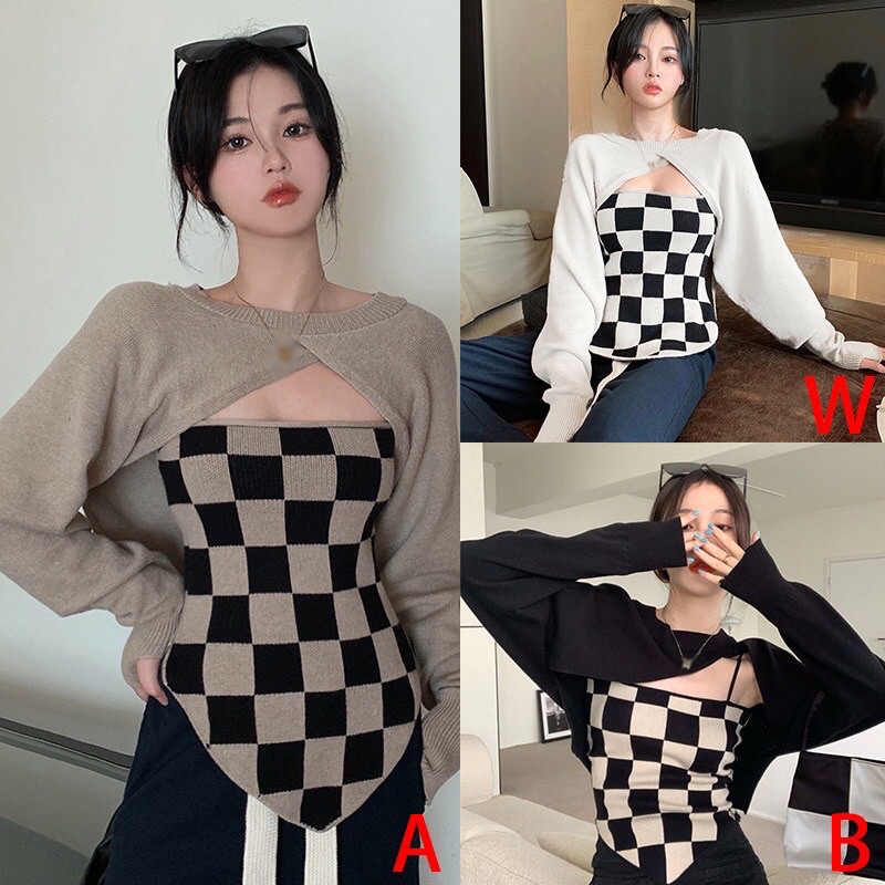 Set Áo Hai Dây Kẻ Caro Phối Khoác Len ( Kèm hình thật )