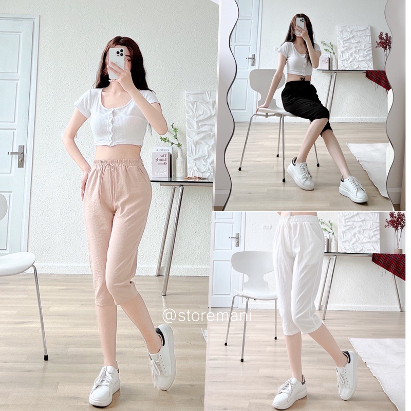 Quần ngố lửng nữ - quần đũi nữ cạp cao lưng chun mặc qua đầu gối chất đũi xước mềm mát màu đen trắng kem mặc ở nhà đẹp