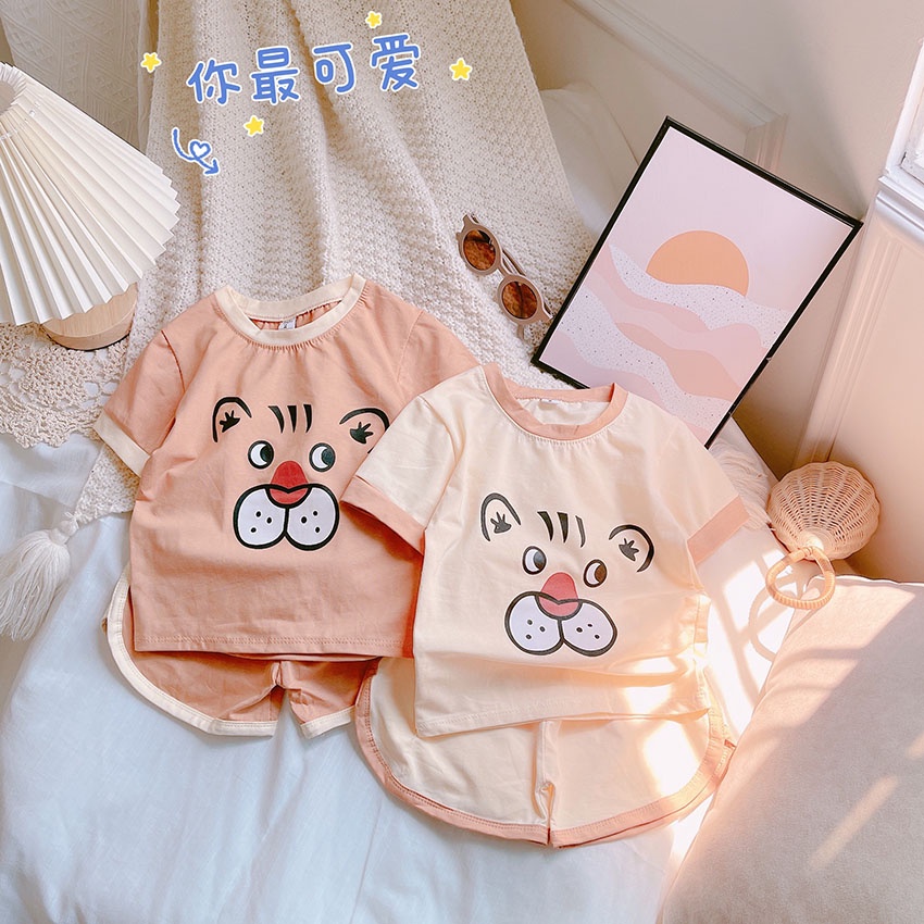 Bộ Quần Áo Trẻ Em Cộc Tay In Hình Mặt TigEr Yêu Vải Cotton Cho Bé Từ 7-19kg Mã CT56