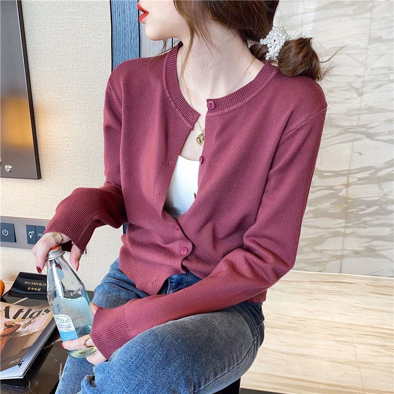 Áo Khoác Cardigan Dệt Kim Mỏng Tay Dài Cổ Tròn Phong Cách Hàn Quốc Thời Trang Mùa Thu 2023 Mới175439