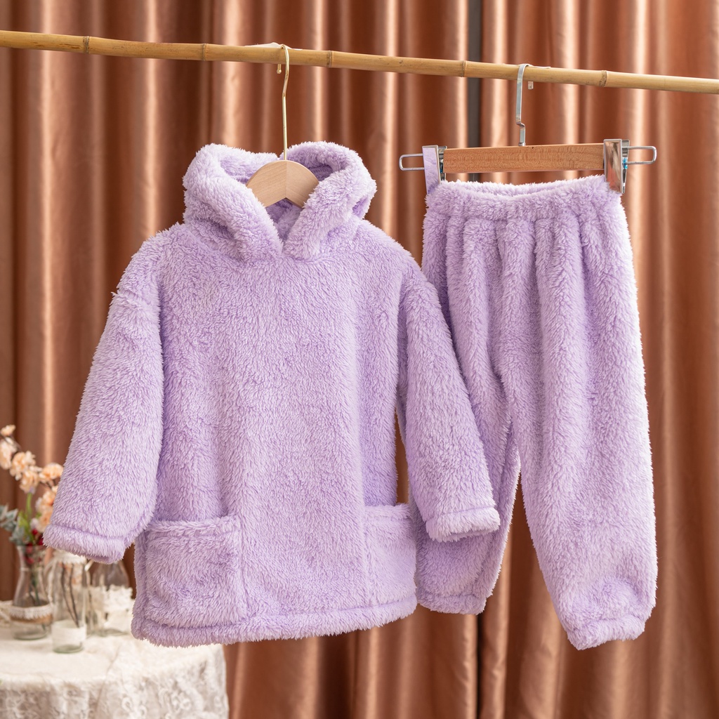 Set bộ Hoodie lông cừu cho bé trai & bé gái có mũ tai thỏ cho bé đi chơi, đi học