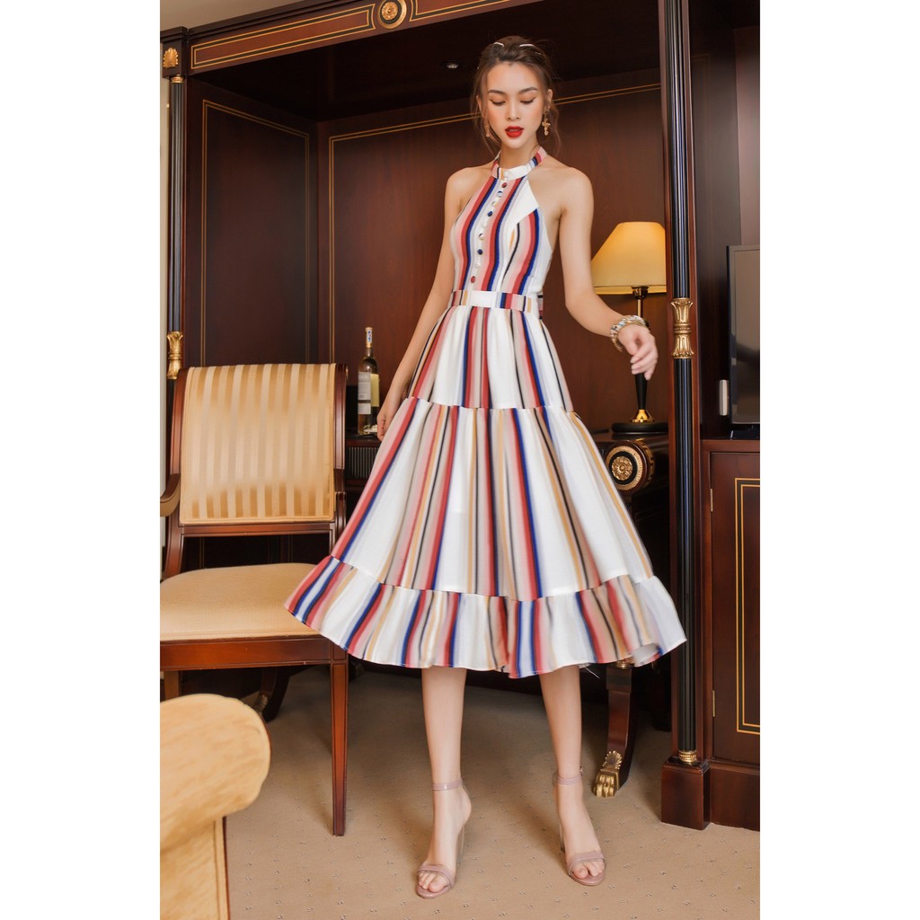 SÒ VINTAGE - ZURI Đầm yếm sọc phối nút giả