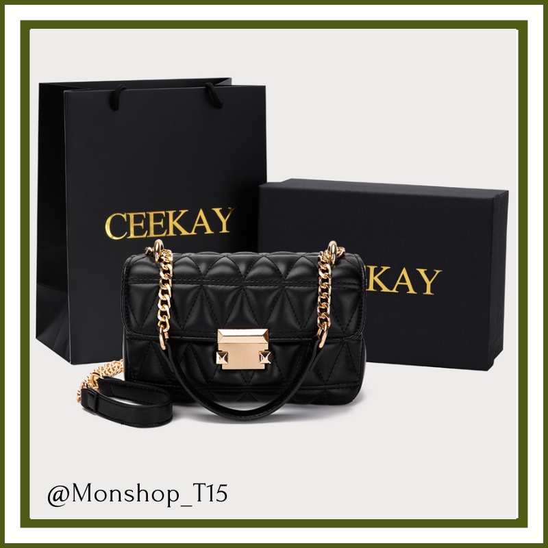 🌸order🌸 Túi xách da mềm đeo chéo nữ CEEKAY chính hãng vân tam giác khóa 2 nút - T15