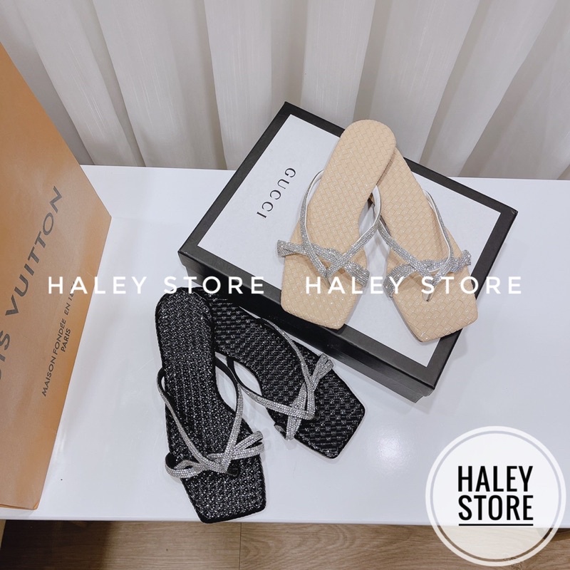 Dép nữ HALEY STORE mũi vuông kẹp xỏ ngón quai đính đá xoàn pha lê sáng lấp lánh sang trọng tiểu thư quai mảnh rẻ bền đẹp