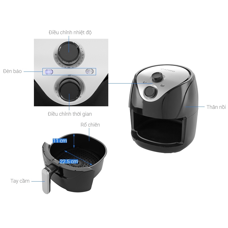 Nồi chiên không dầu Rapido RAF5.0M 5 lít - Nút điều khiển cơ- Công Suất 1500W- Bảo Hành Chính Hãng