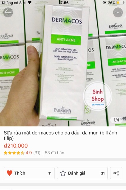 Sữa rửa mặt dermacos cho da dầu, da mụn (bill ảnh tiếp theo)