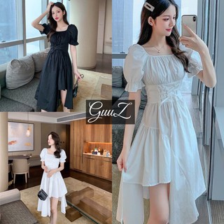 Váy suông cổ vuông lệch tầng tay bồng dáng dài ulzzang(đen, trắng) GuuZ