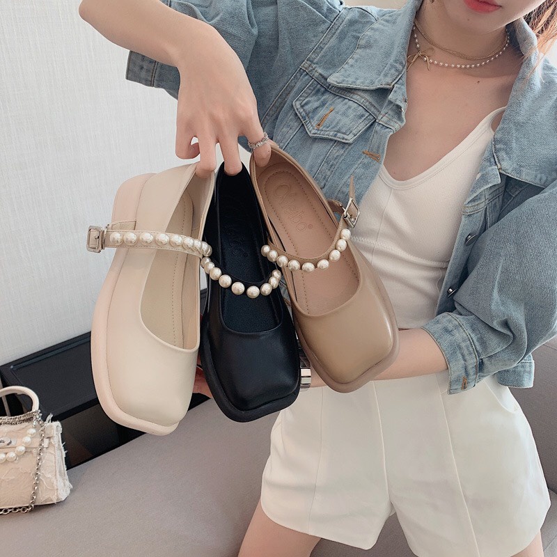 Giày Búp Bê Nữ Quai đính Hạt ngọc mũi vuông hottrend của năm mã K10