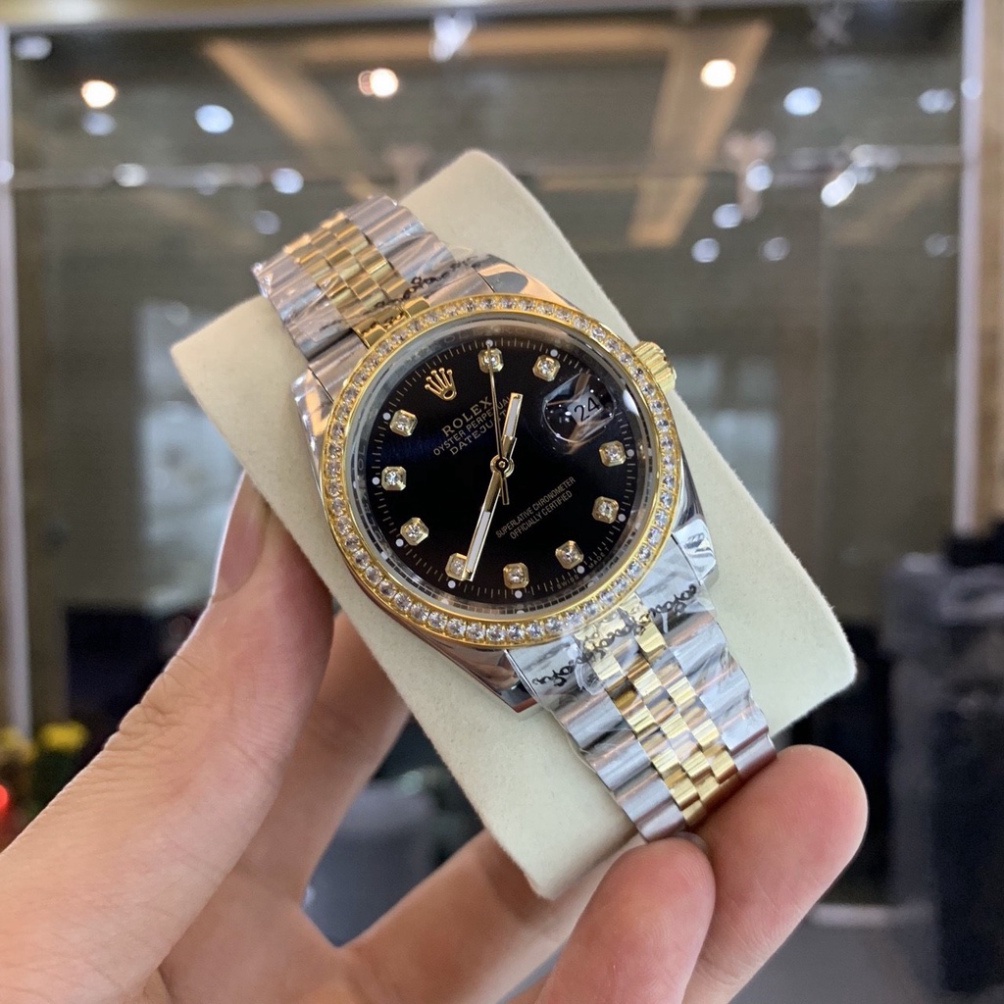 Đồng Hồ Nam RoLex DayJust Sapphire RA25 Mặt ĐEN viền đá Máy cơ Automatic Nhật