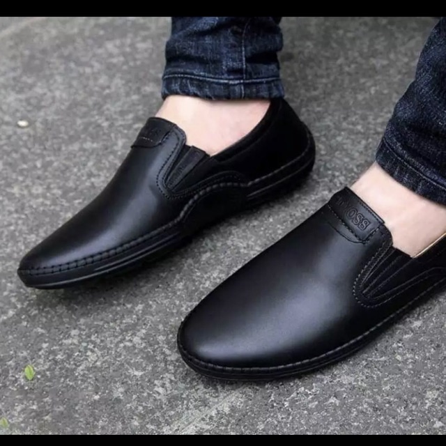 giầy lười mọi khâu chữ đen nam