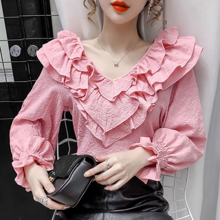 Áo sơ mi voan cổ chữ V tay loe phối bèo xinh xắn thời trang