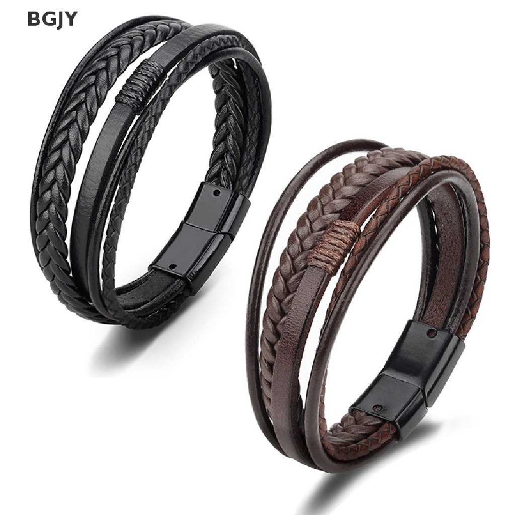 BGJY Trendy Leather Bracelets Men Stainless Steel Multilayer Braided Rope Bracelets NEW