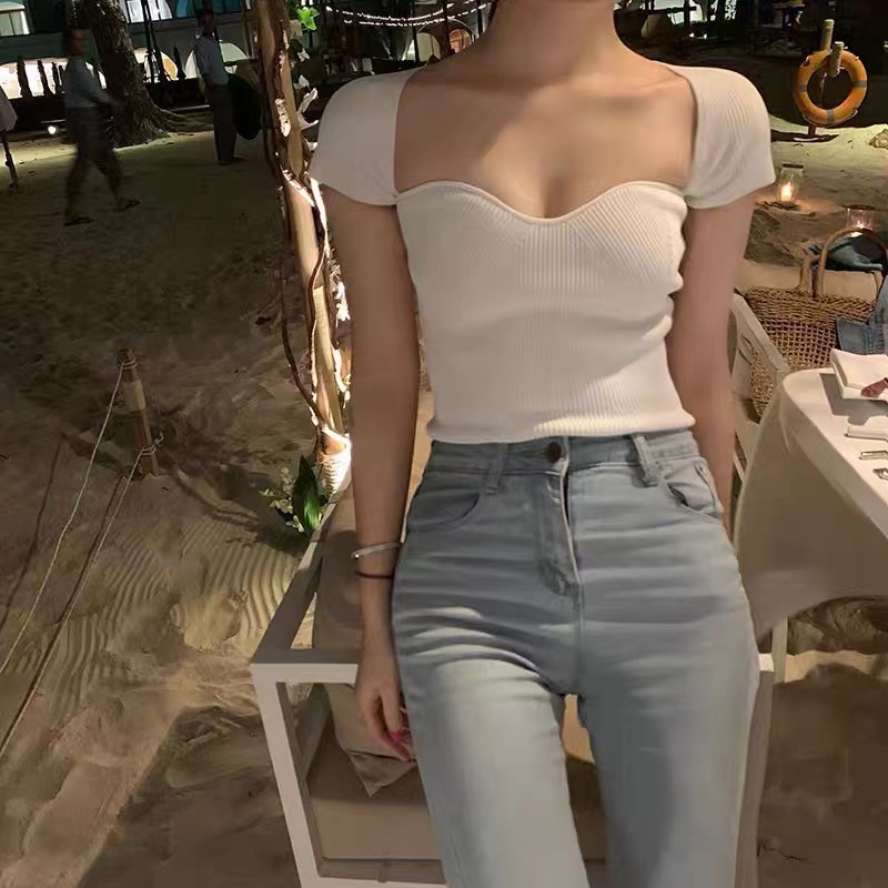 DUNEA Áo Thun Ngắn Tay Cổ Vuông Gợi Cảm Dành Cho Nữ