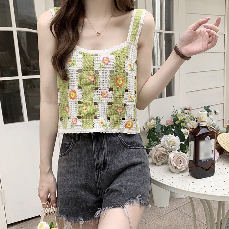 Brroa Áo Croptop Dệt Kim Không Tay Thêu Hoa Màu Sắc Tương Phản Nổi Bật Thời Trang Cho Nữ
