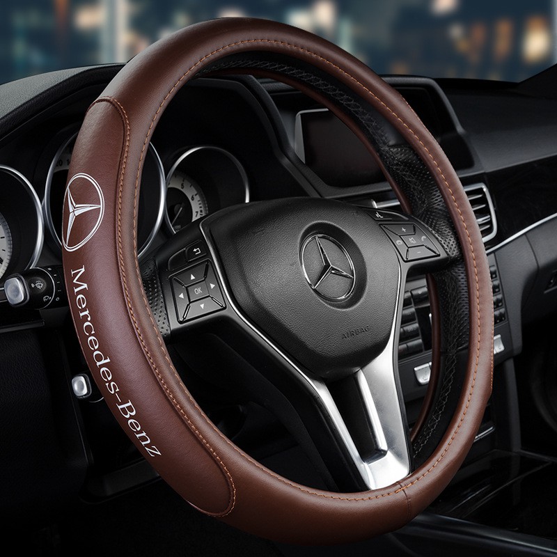 Bọc vô lăng ô tô logo hãng xe Mercedes-Benz bằng da thật mềm mịn, êm tay bám lái cao cấp sang trọng size M-38cm