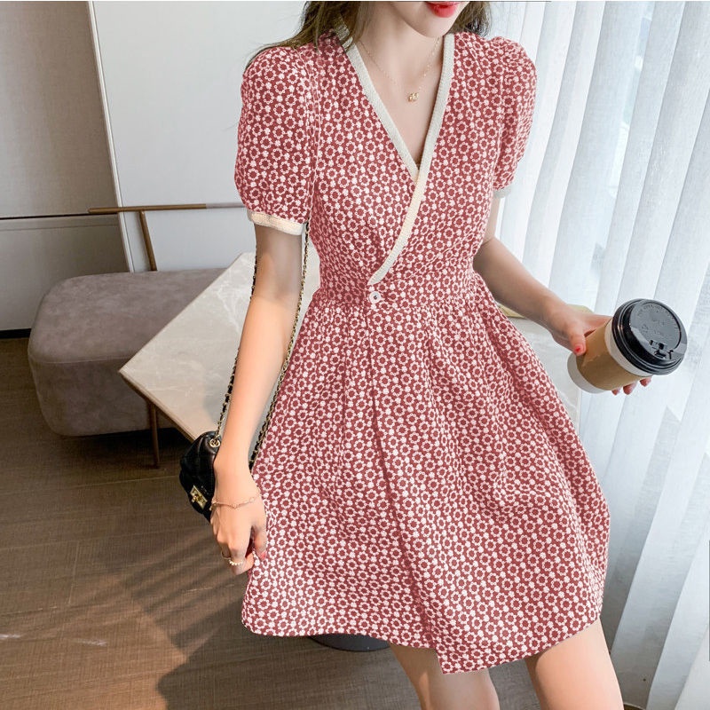 Đầm PERTY chiffon tay ngắn phồng cổ chữ V họa tiết hoa thời trang mùa hè 2022 mới dành cho nữ