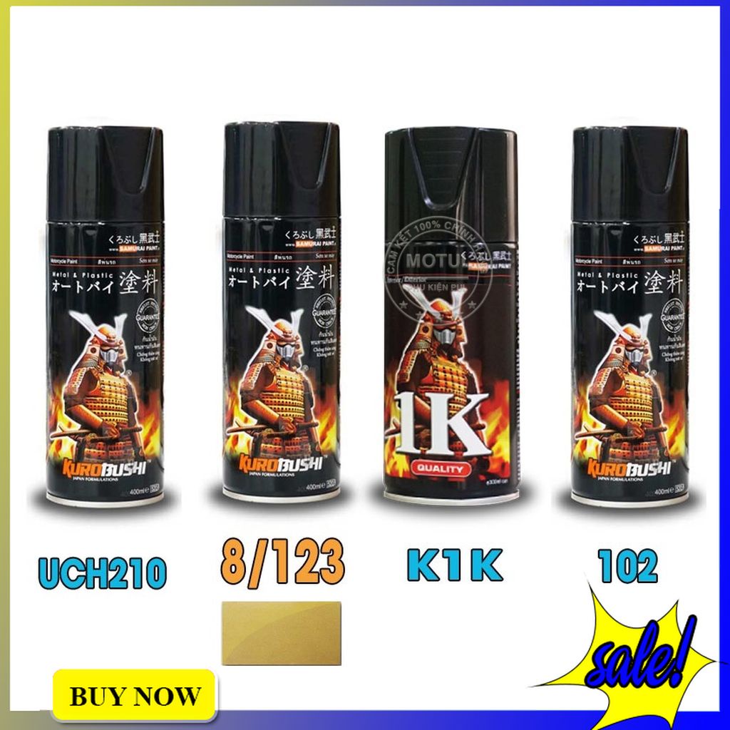 Combo 4 sơn xịt Samurai màu vàng ánh kim (gồm 8/123 - UCH210 - 3/124 - K1K - Giấy nhám P800)