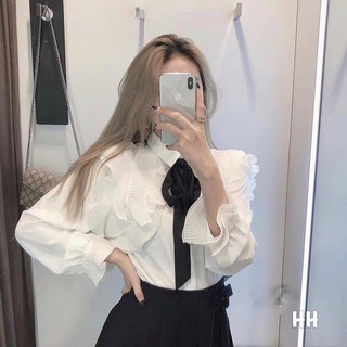 Áo sơ mi nữ 💖FREESHIP💖 Áo sơ mi bèo xếp ly nơ đen cho nữ - Áo SƠ MI trắng có nơ đen Size S M L