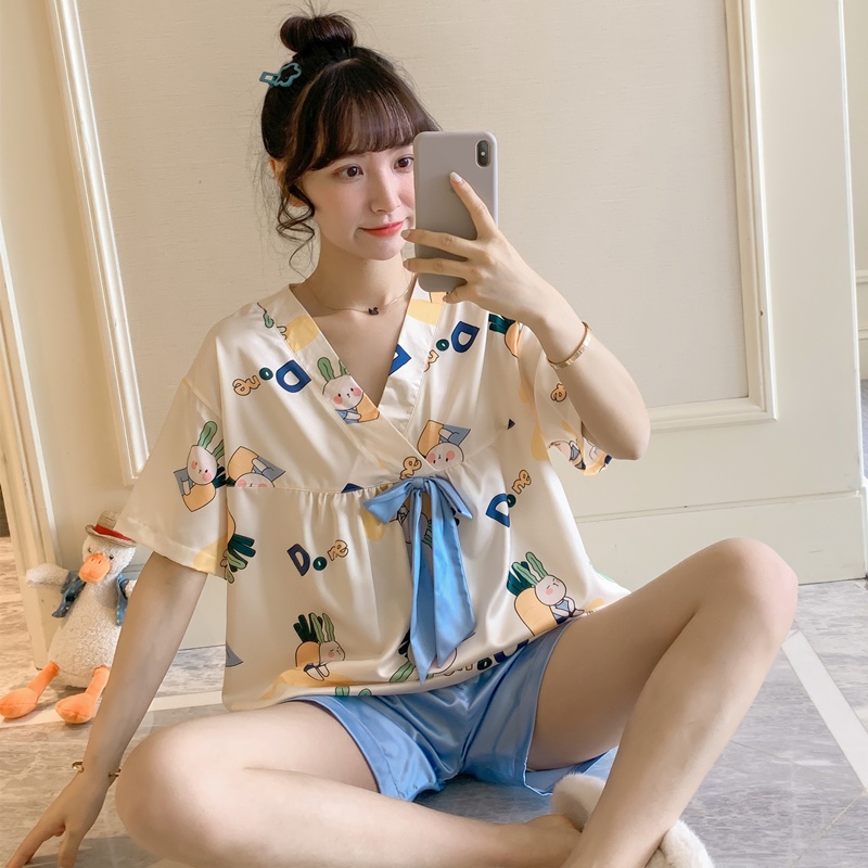 Bộ Đồ Ngủ Tay Ngắn Chất cotton Lụa Lạnh In Họa Tiết Hoạt Hình Thời Trang Mùa Hè Cho Nữ 2021