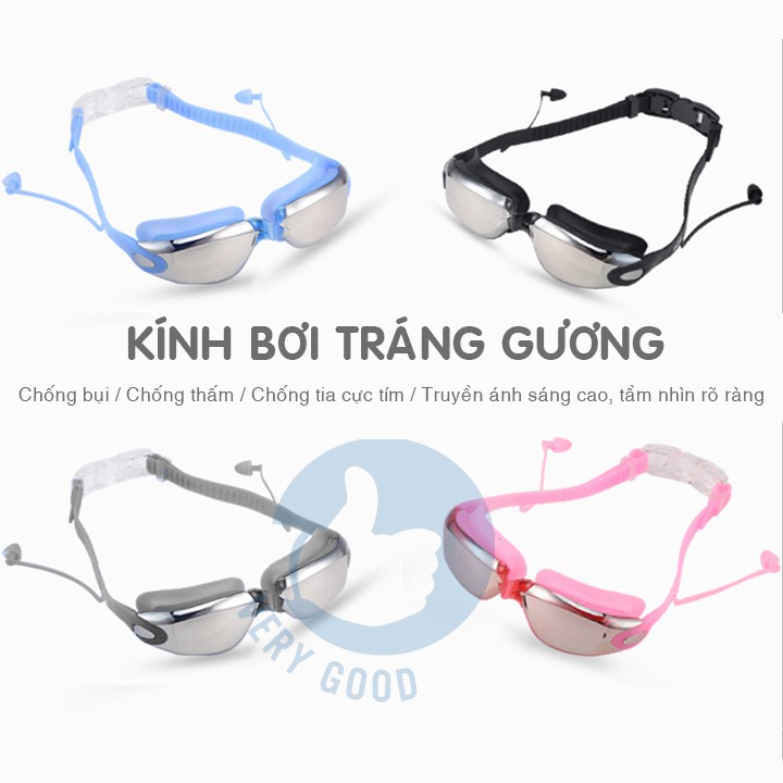 Kính bơi tráng gương (tặng hộp đựng) kèm bịt tai chống tia uv cho trẻ em và người lớnsupper