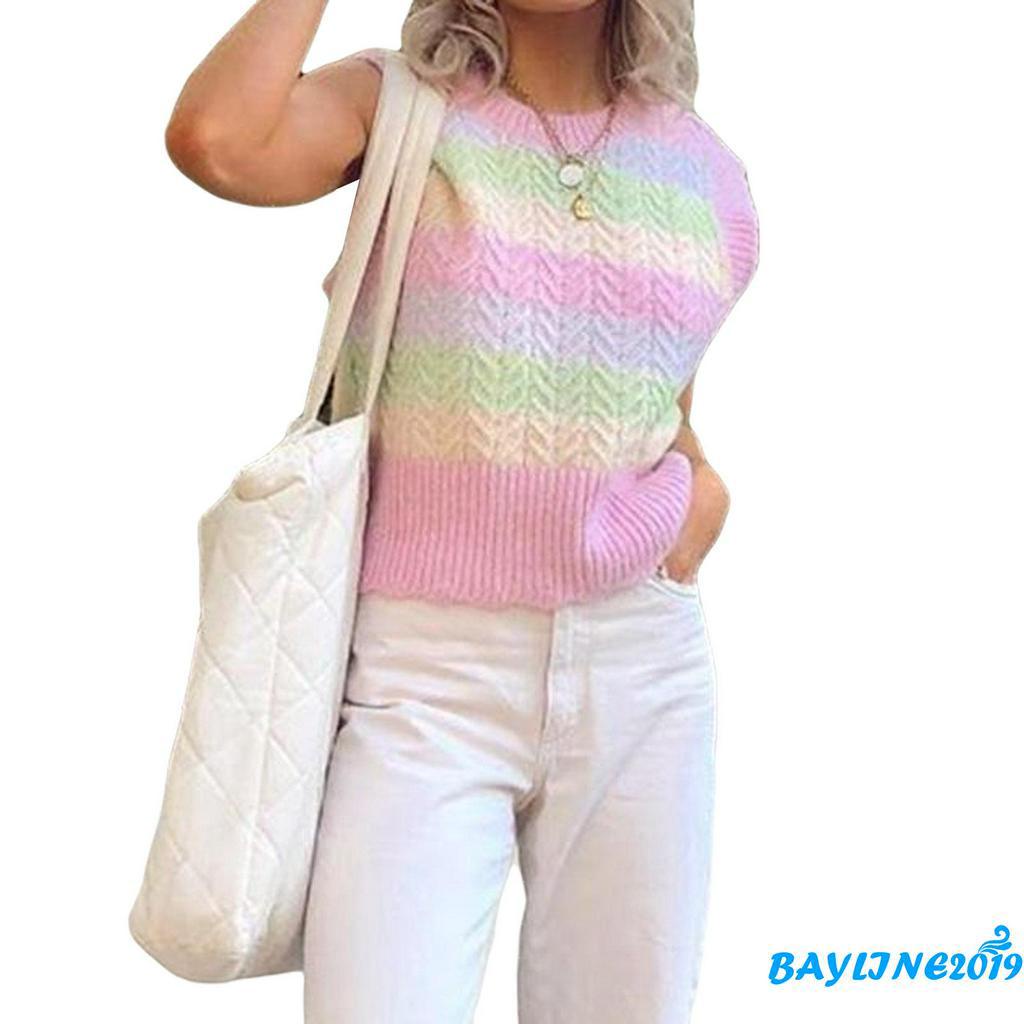 Áo Dệt Kim Nữ Cộc Tay Cổ Tròn Sọc Ngang Nhiều Màu Thời Trang