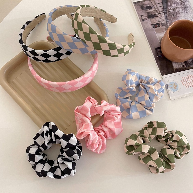 Dây cột tóc và băng đô bản rộng bằng vải in họa tiết bàn cờ thời trang Nhật và Nam Hàn