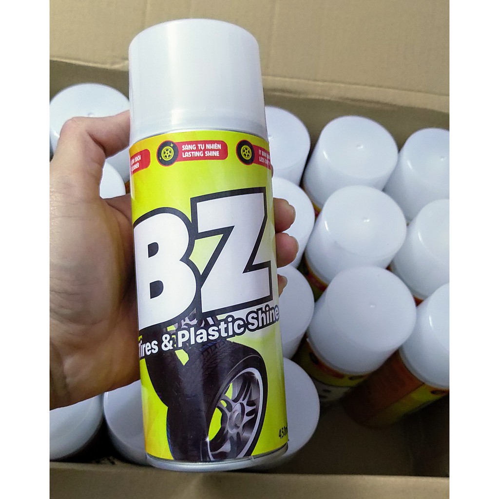 Xịt dưỡng lốp xe, phục hồi nhựa nhám BZ Tires &amp; Plastic Shine 450ml - Tặng khăn lau 3M