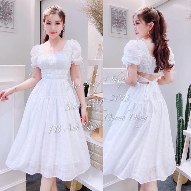 (Hình thật sàn) ĐẦM MIDI VOAN TRẮNG CỔ VUÔNG BO CHUN EO THẮT NƠ LƯNG 💚
