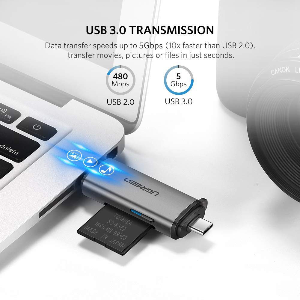 Đầu đọc thẻ nhớ SD, TF chân Type C, USB 3.0 chính hãng Ugreen 50706