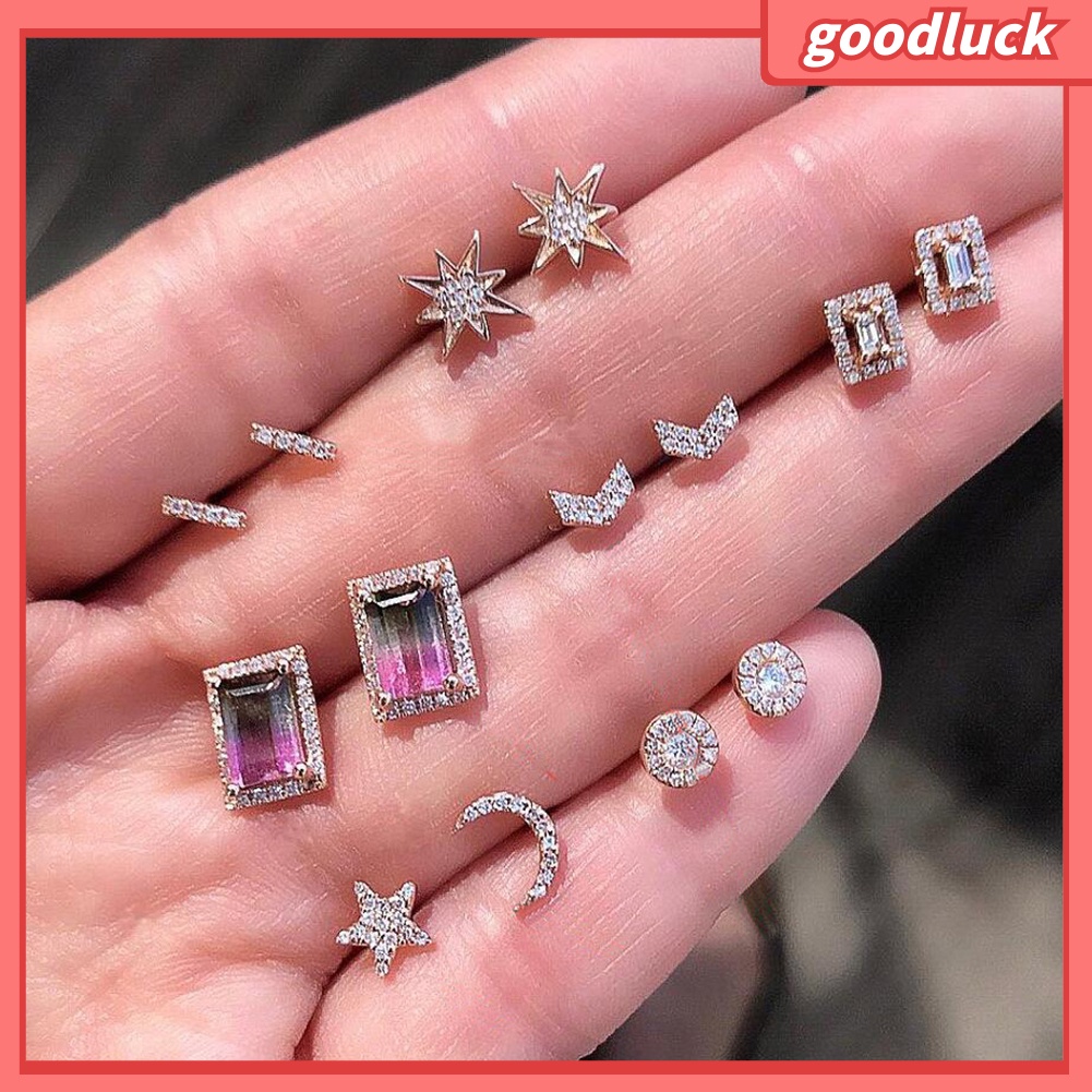 Set 7 đôi khuyên tai hình ngôi sao/mặt trăng đính kim cương nhân tạo cho nữ