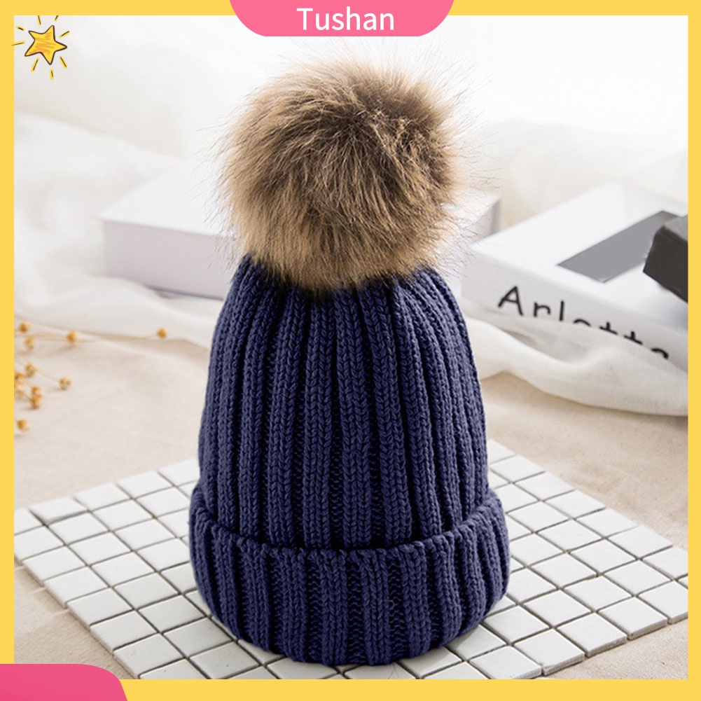 Mũ Beanie Dệt Kim Màu Trơn Đính Quả Cầu Lông Xinh Xắn